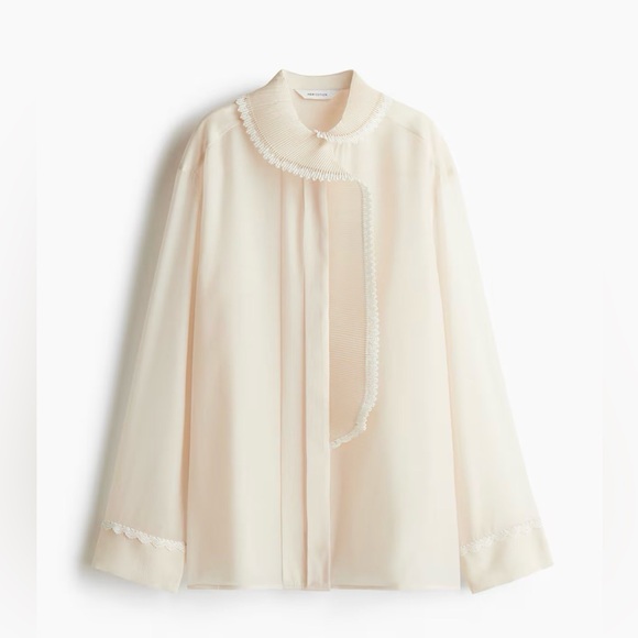 H&M Tops - H&M Beige Blouse with Lace Trim and Fluttery High Collar